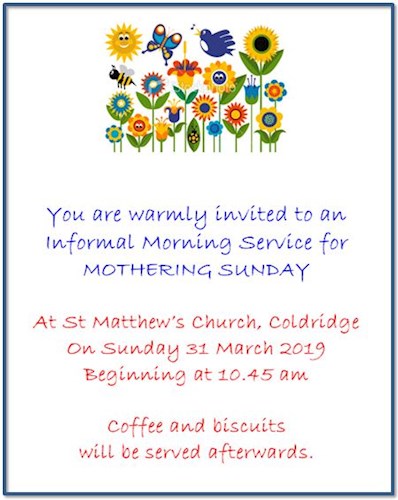 Poster invitation to Mothering Sunday 2019