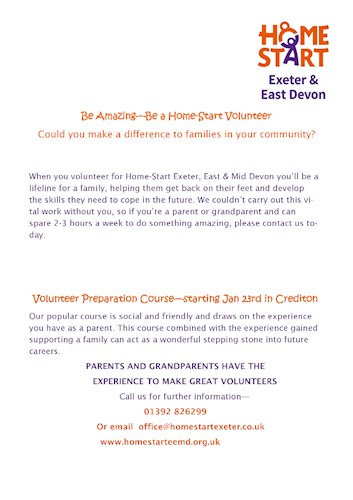 Home Start Exeter and East Devon poster seeking Volunteers to support their work across the local community.