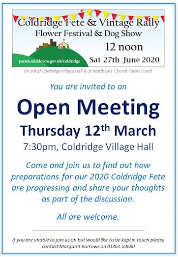 Poster for 2020 Fete Open Meeting, 12th March 202, 7:30pm, Coldridge Village Hall