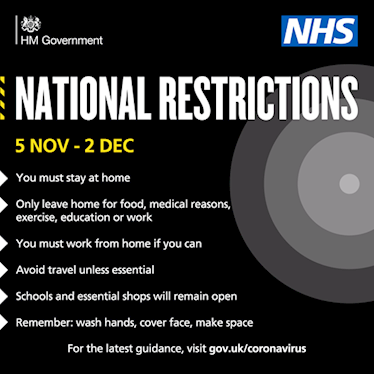 GOV.UK and NHS National Restrictions 5 Nov to 2 Dec banner - 31st October