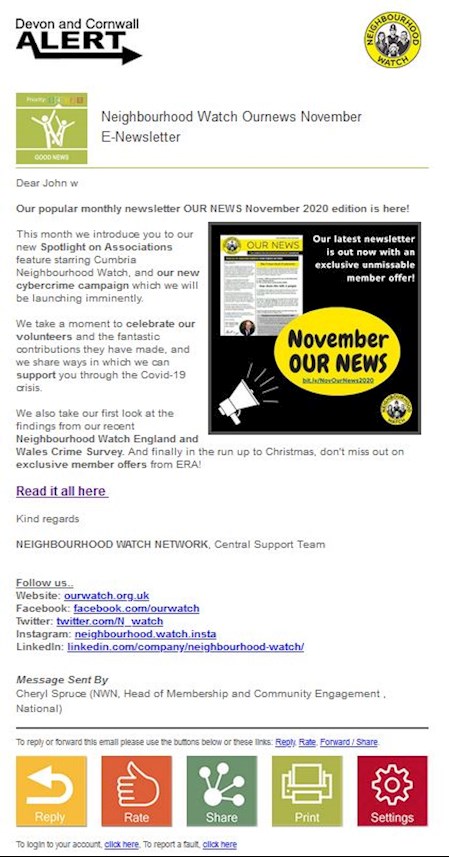 November 2020 Neighbourhood Watch Ournews E-Newsletter announcement, 5th November 2020