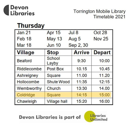 Mobile Library Dates for Coldridge, 2021