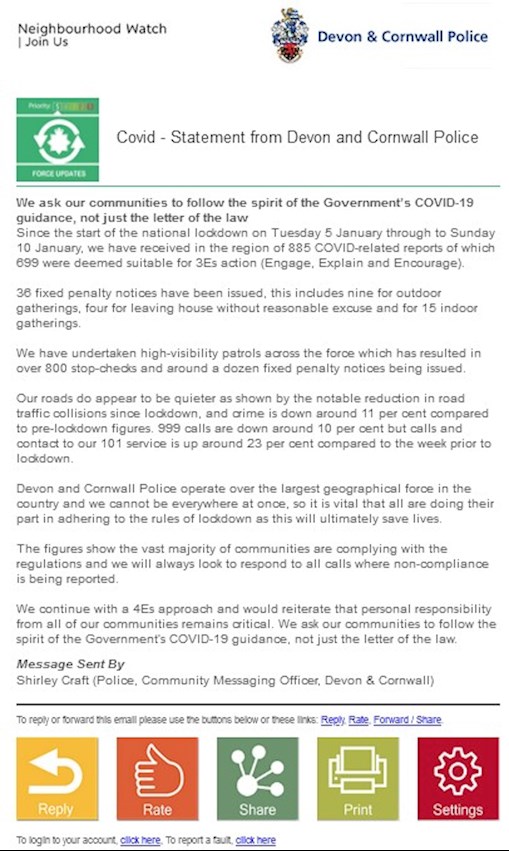Covid - Starement from Devon & Cornwall Police, issued 12th January 2021