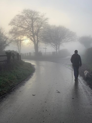 Foggy walk towards Stoodleigh Moor Cross