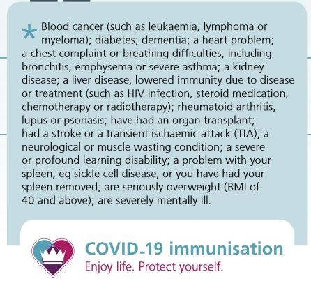 Covid 19 Immunisation Poster - Blowup of 'At Risk' conditions list.