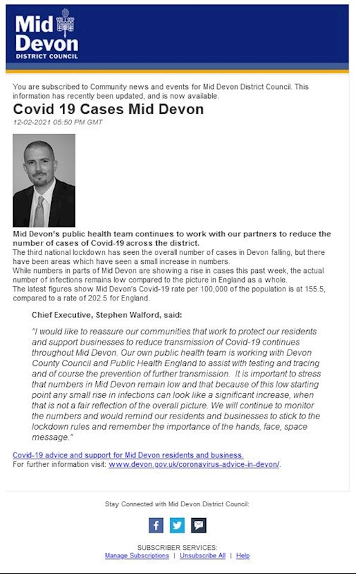 MDDC Covid Cases Mid-Devon Update statement, 12Feb21