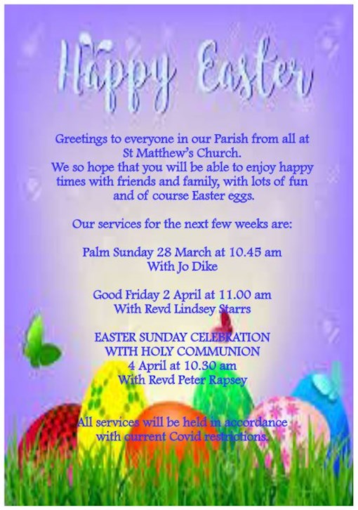 An Easter message and service times for St Matthew's Coldridge, Easter 2021