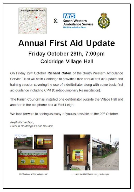 Coldridge Annual First Aid Update - CPR and Defibrillator Operation, Friday 29th October 2021