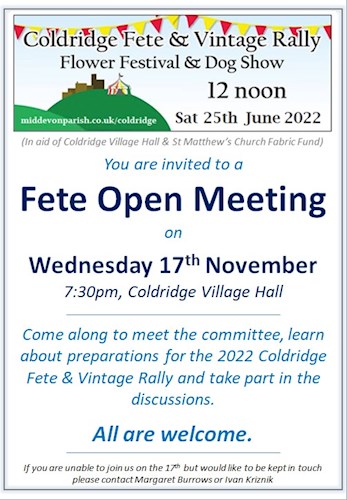 Coldridge 2022 Village Fete Invitation to Open Meeting, 17th November 2021