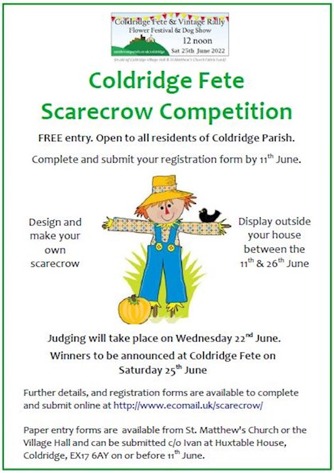 Coldridge Fete Scarecrow Competition 2022 Poster and general information