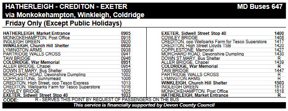 MD Buses #647 Coldridge Friday Service Timetable_Mar23