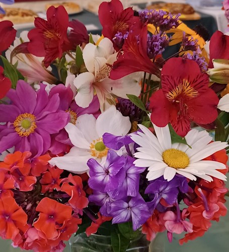 Colourful vases of flowers