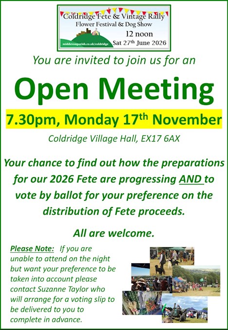 Flyer informing reader of the next Coldridge 2026 Fete Open Meeting on 17th November 2025, 7.30pm in the Village Hall