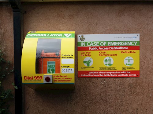 Coldridge Defibrillator in Village Hall Courtyard